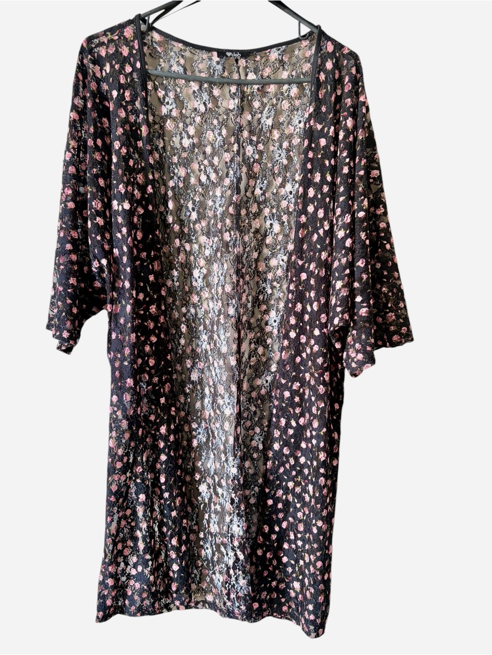 Black Floral Kimono Cardigan with Pink Blossoms
